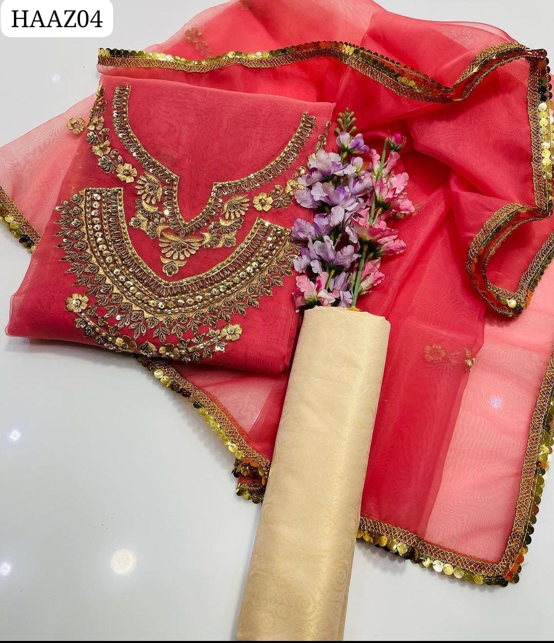 Indian Pure Organza Fabric Handwork Gala Shirt With Organza Handwork Duppatta And Masori Trouser 3Pc Dress