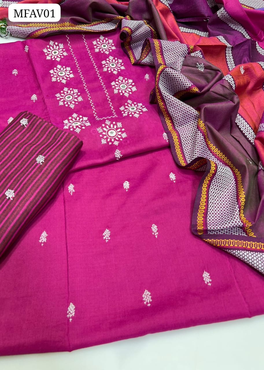 Self Linen Fabric Karahi Handmade Cross Stitch Work Shirt With Linen Karahi Dupatta And Linen Karahi Handmade Trouser 3Pc Dress