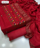 Self Linen Fabric Karahi Handmade Cross Stitch Work Shirt With Linen Karahi Dupatta And Linen Karahi Handmade Trouser 3Pc Dress