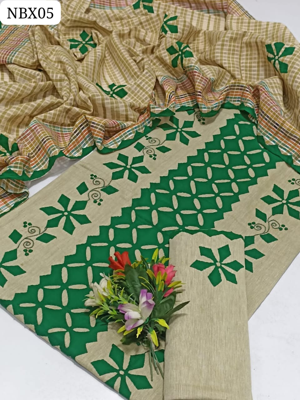 Khadi Cotton Fabric Karahi Handmade Applique Work Shirt With Cotton Net Multi Lining Embroidered Boti Work Dupatta And Khaddi Cotton Handmade Applique Work Trouser 3Pc Dress