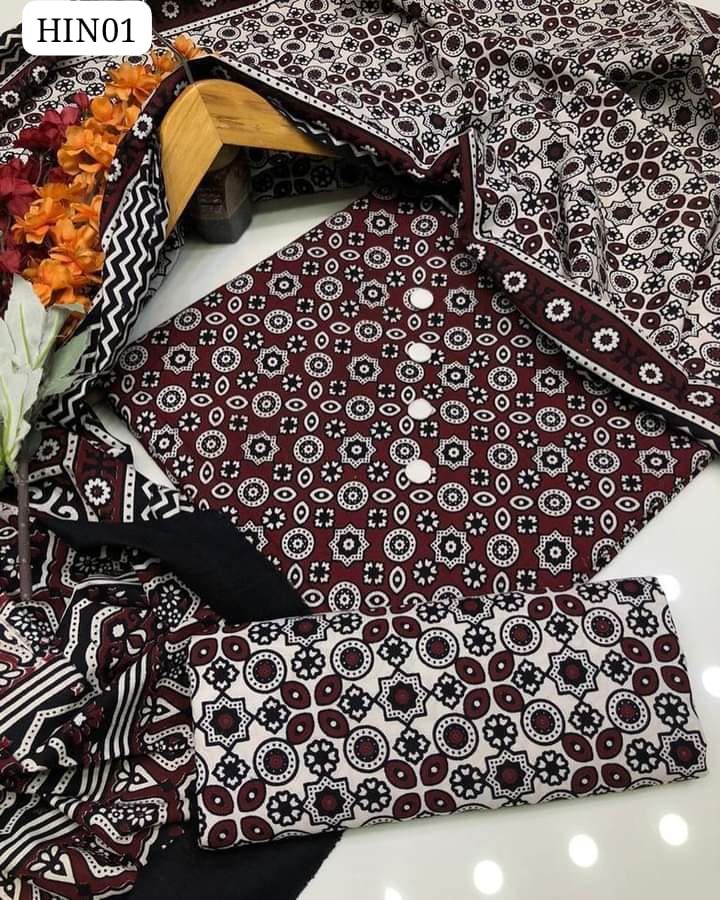 Cotton Lawn Fabric Ajrak Shirt With Cotton Lawn Ajrak Duppata And Cotton Lawn Ajrak Trouser 3Pc Dress With Out Button
