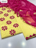 Lawn Fabric Front Applique Work Shirt With Chiffon Heavy Applique 4 Boder Work Dupatta And Lawn Applique Work Trouser 3Pc Dress