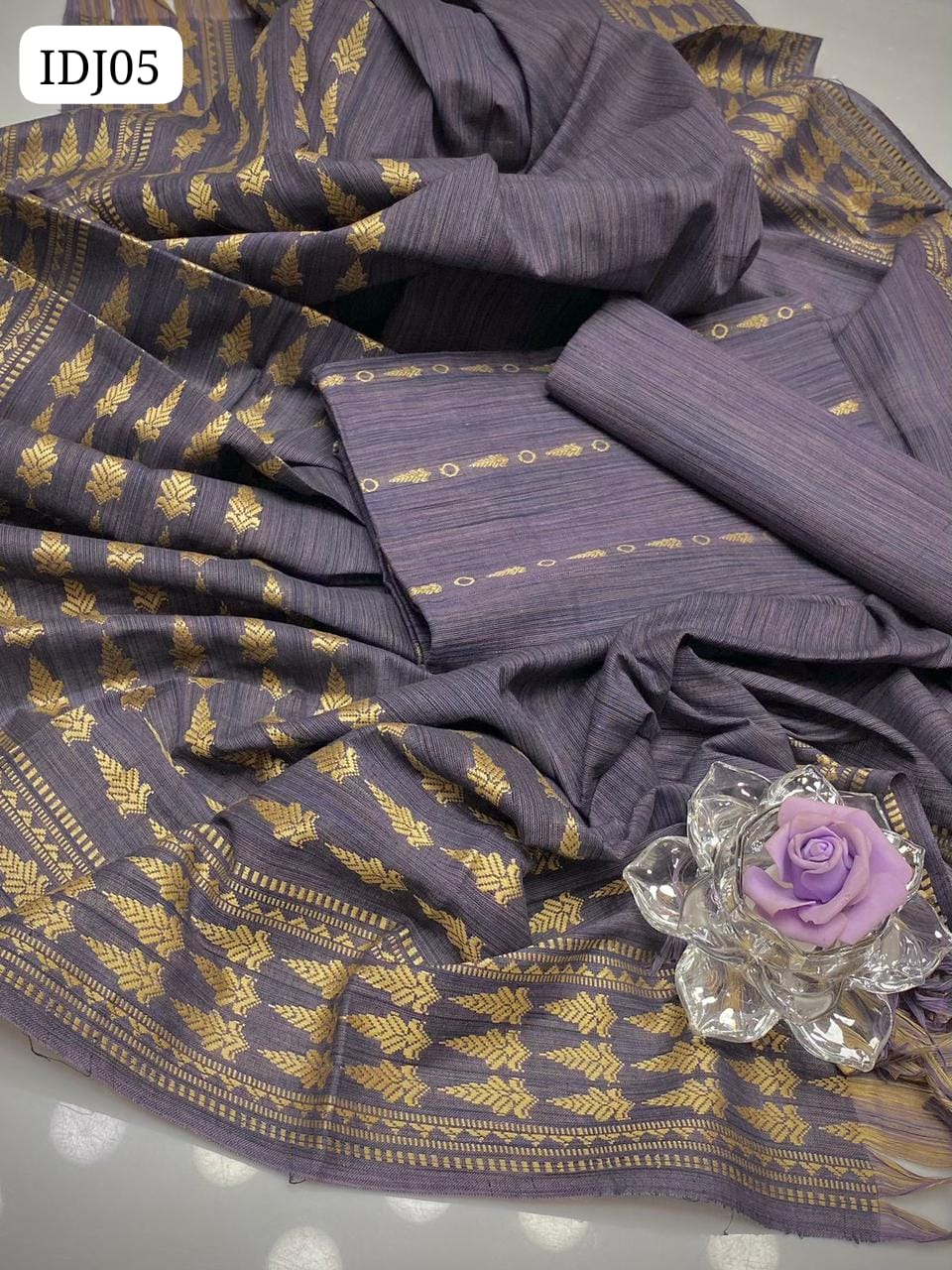Khaddi Cotton Fabric Bindi Arrow Booti Shirt And Plain Trouser along With Jacquard Border Shawl Duppatta 3Pc Dress