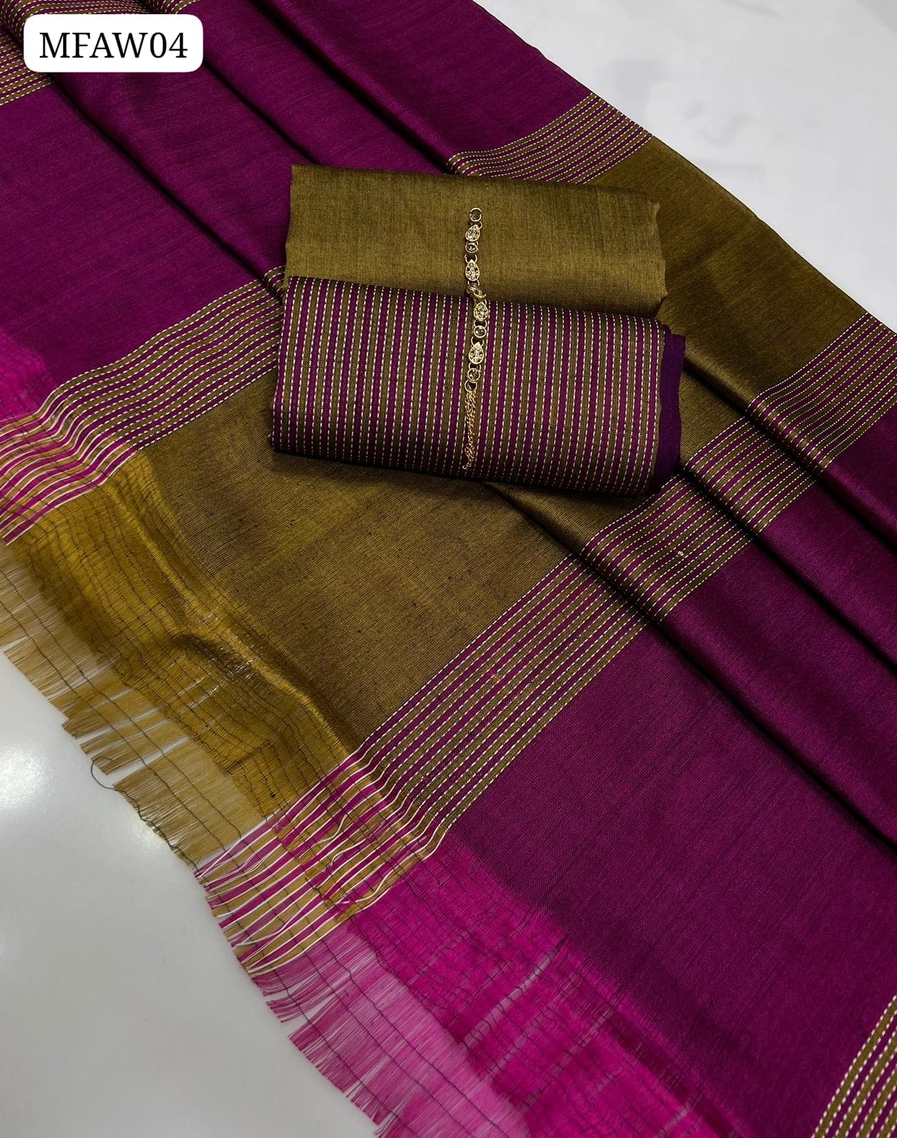 Sussi Silk Fabric Plain Shirt With Sussi Silk Lines Shawl Two Ton Dupatta And Sussi Silk Lines Trouser 3Pc Dress Without Neck Line
