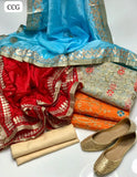 Net Fabric Zari Tila Work Shirt With Silk Gota work Dupatta And Masori Trouser With Khussa 3pc Dress