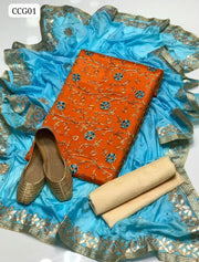 Net Fabric Zari Tila Work Shirt With Silk Gota work Dupatta And Masori Trouser With Khussa 3pc Dress