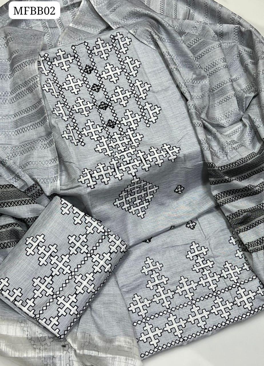 Shamray Sussi Fabric Karahi Cross Stitch Ari Work Shirt With Jucard shawl Dupatta And Shamray Sussi Embroidered Trouser 3Pc Dress