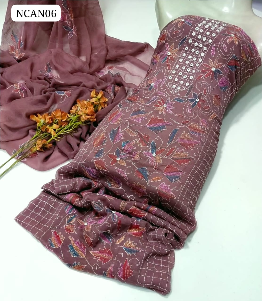 Original Pure Soft Bamber Chiffon Hande Made Kacha Sipi Jall Neat Work Shirt With Chiffon Embroidery Work Dupatta 2Pc Dress