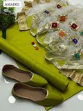 Kataan Silk Fabric Plan Shirt With Soft Net Beautiful Multi bunch + Gotta /Mooti Handmade Fillings Along with 2 sided Golden Banarsi Lase & Magzi piping (2.5 Gaz cutting ✂️) And Kataan Silk Plain Trouser 3Pc Dress With Khusa As a Gift
