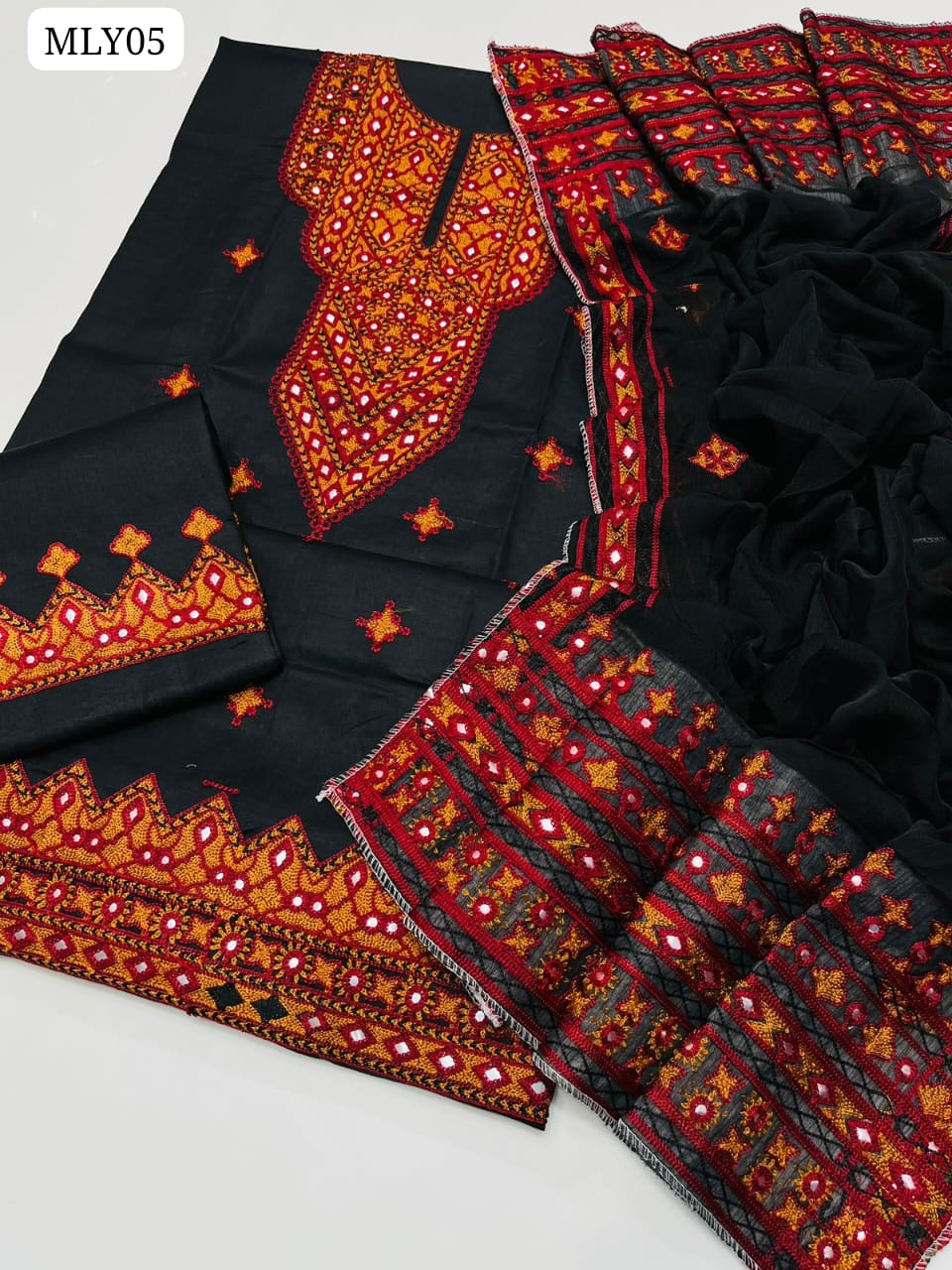 Cotton Fabric Ari Sindhi Work Shirt With Chiffon Pallow Embroidered Dupatta And Cotton Embroidered Trouser 3pc Dress