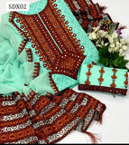 Lawn Cotton Chunre Print Aari Gall Daman Embroidery Work Shirt With Chiffon Embroidery 4 Side Dupatta And Lawn Plain Trouser 3Pc Dress