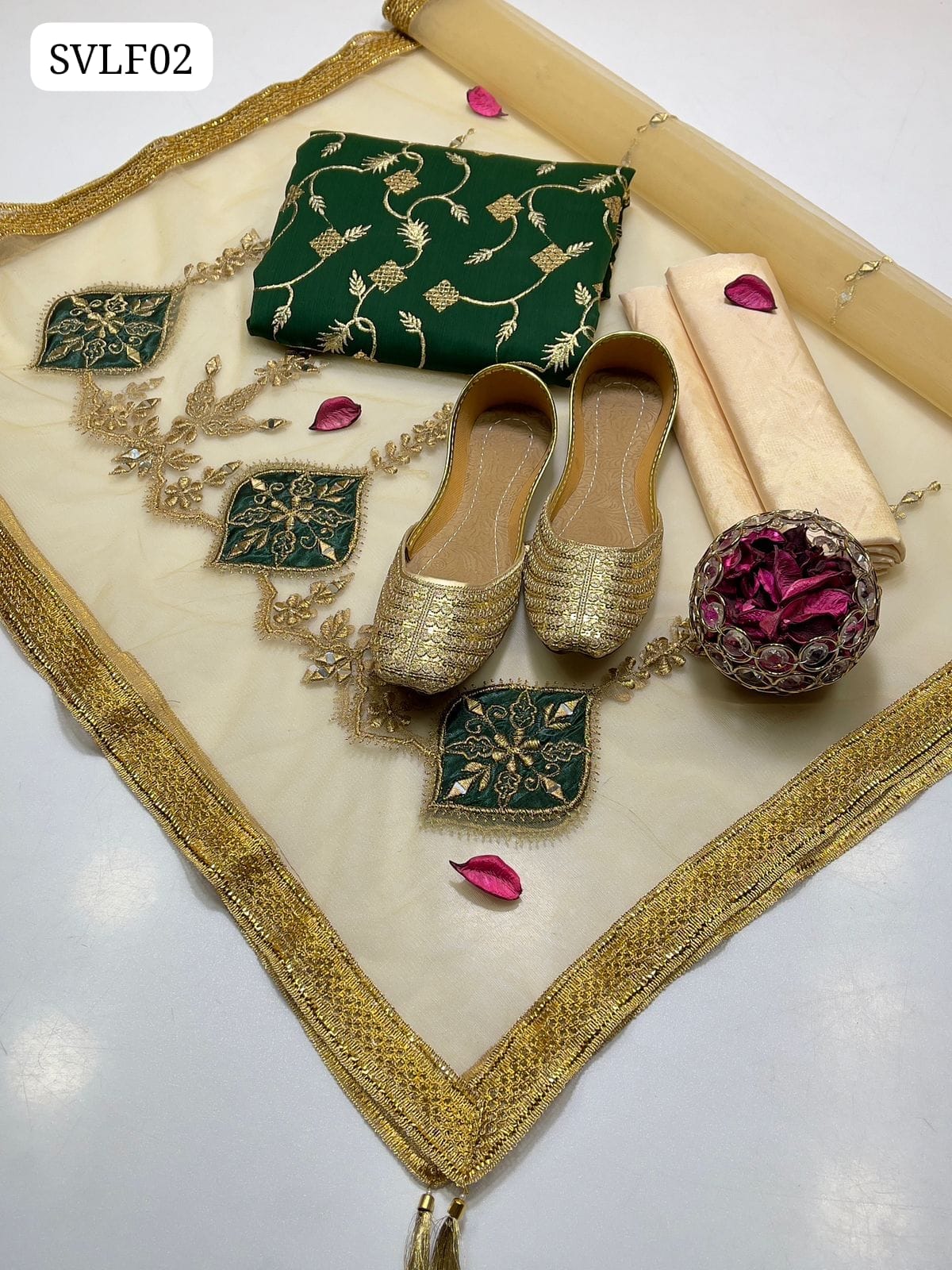 Chiffon Fabric All Over (front, back & sleeves) Sequence Tilla And Sitara Jaal Embroidery Shirt With Indian Net Handmade Mirror And Appliqué Work Dupatta With 4 Side Border Lass & Tussles And Self Embossed Masuri Trouser 3Pc Dress With Khussa As a Gift