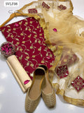 Chiffon Fabric All Over (front, back & sleeves) Sequence Tilla And Sitara Jaal Embroidery Shirt With Indian Net Handmade Mirror And Appliqué Work Dupatta With 4 Side Border Lass & Tussles And Self Embossed Masuri Trouser 3Pc Dress With Khussa As a Gift