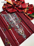 Linen Fabric Neck Embroidered Work Shirt With Wool Shawl Along Plan Dupatta And Print Linen Trouser 3Pc Dress