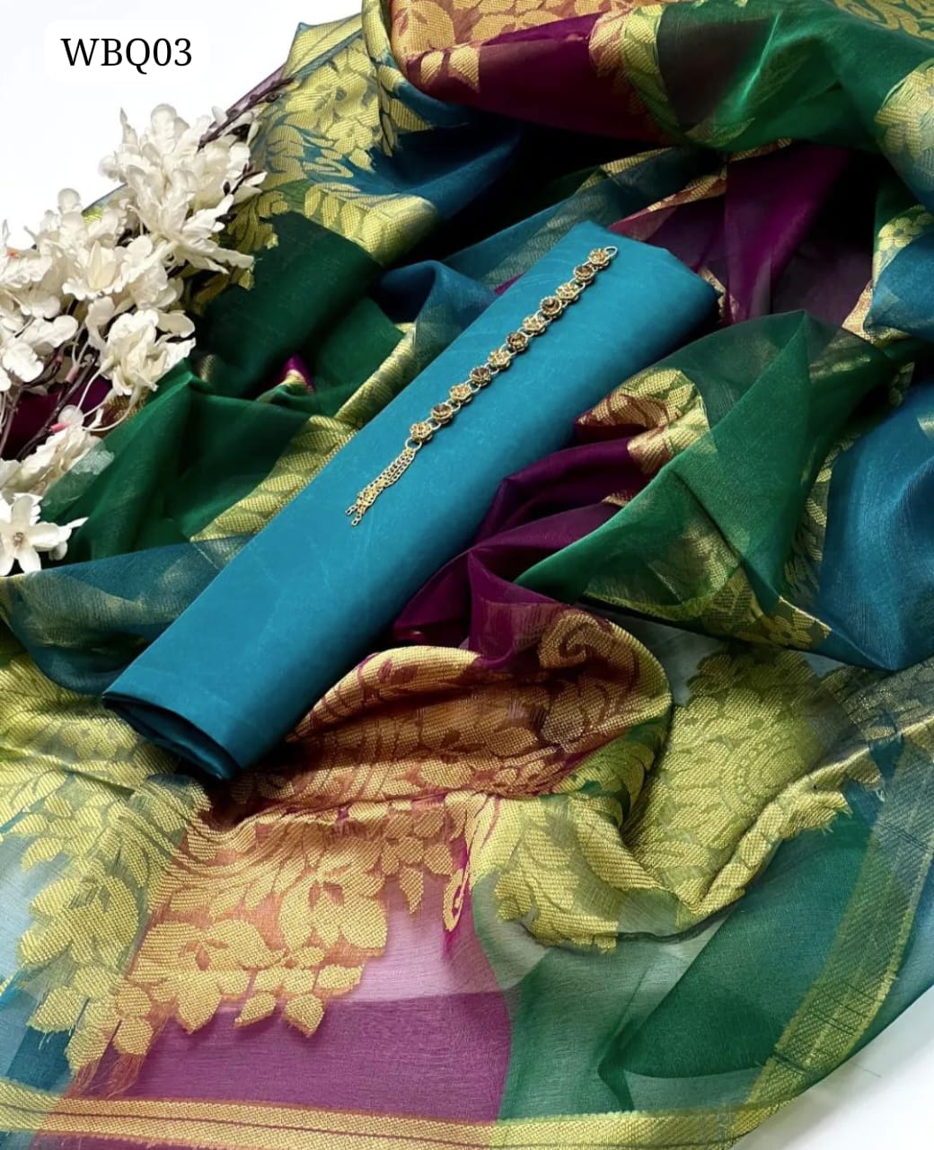 Kataan Silk Fabric Simple Shirt With Soft Organza All Over Banarsi And 2 Side Border Heavy Banarsi Design Shawl Dupatta And Kataan Silk Trouser 3Pc Dress With Beautiful Jewel Strip