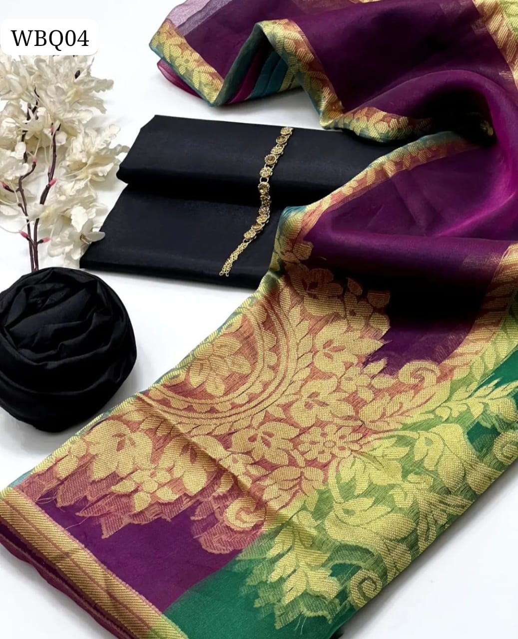 Kataan Silk Fabric Simple Shirt With Soft Organza All Over Banarsi And 2 Side Border Heavy Banarsi Design Shawl Dupatta And Kataan Silk Trouser 3Pc Dress With Beautiful Jewel Strip