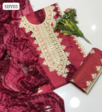 Linen Computer 9Mm Galla Daman Tyen Dye Work Shirt With Chiffon Tyen Dye Dupatta And Linen Embroidery Trouser 3Pc Dress