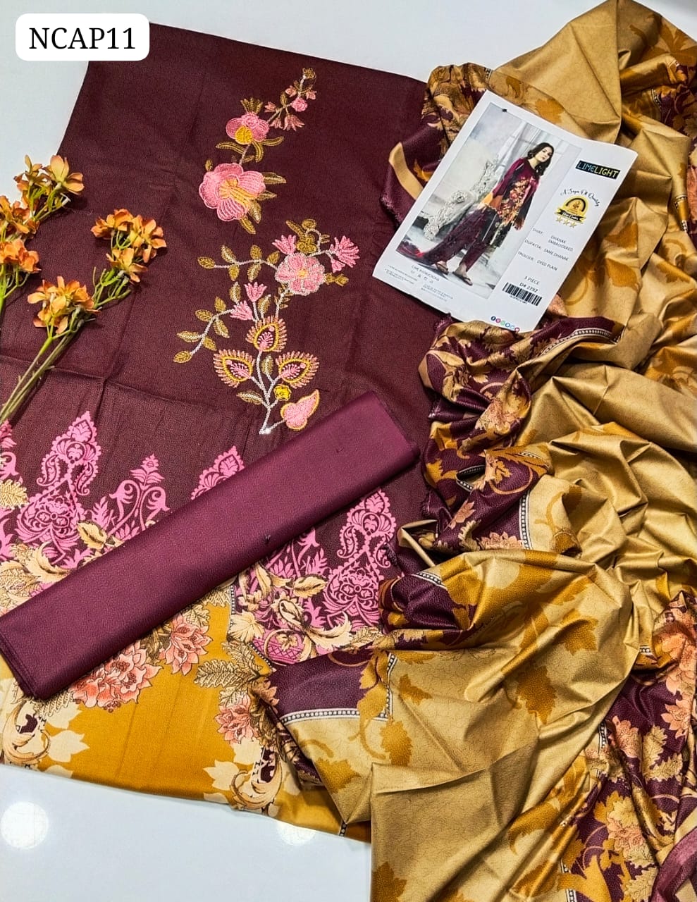 Dhanak wool Embroidery Gala Work Shirt With Beautiful Digital Dhanak Dupatta And Plain Dhanak Trouser 3Pc Dress