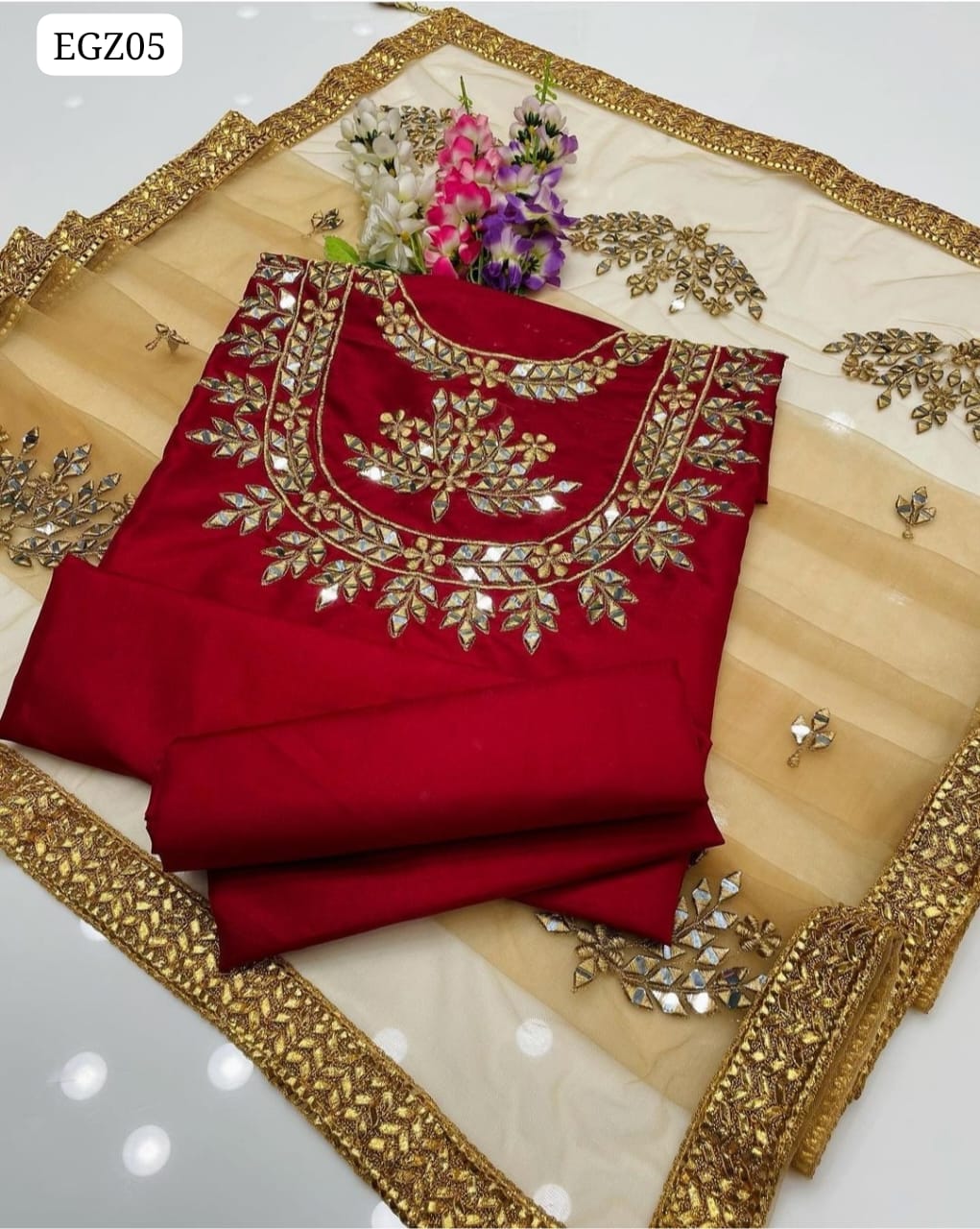 Kataan Fabric Mirror Work Shirt With Along Net Mirror Work Duppata And Kataan Plain Trouser 3Pc Dress