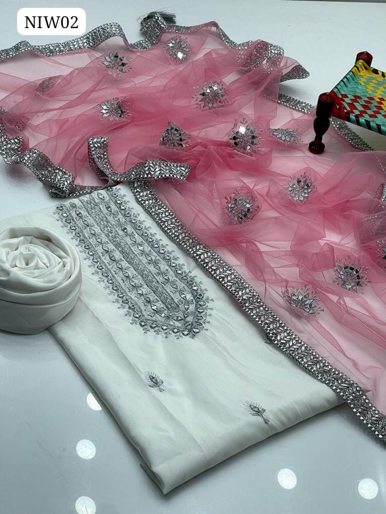 Kataan Fabric Mirror work Shirt With Net Mirror Indian lase Contrast Dupatta And Kataan Plain Trouser 3Pc Dress