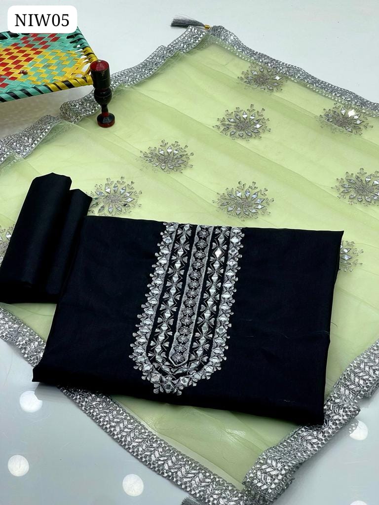 Kataan Fabric Mirror work Shirt With Net Mirror Indian lase Contrast Dupatta And Kataan Plain Trouser 3Pc Dress