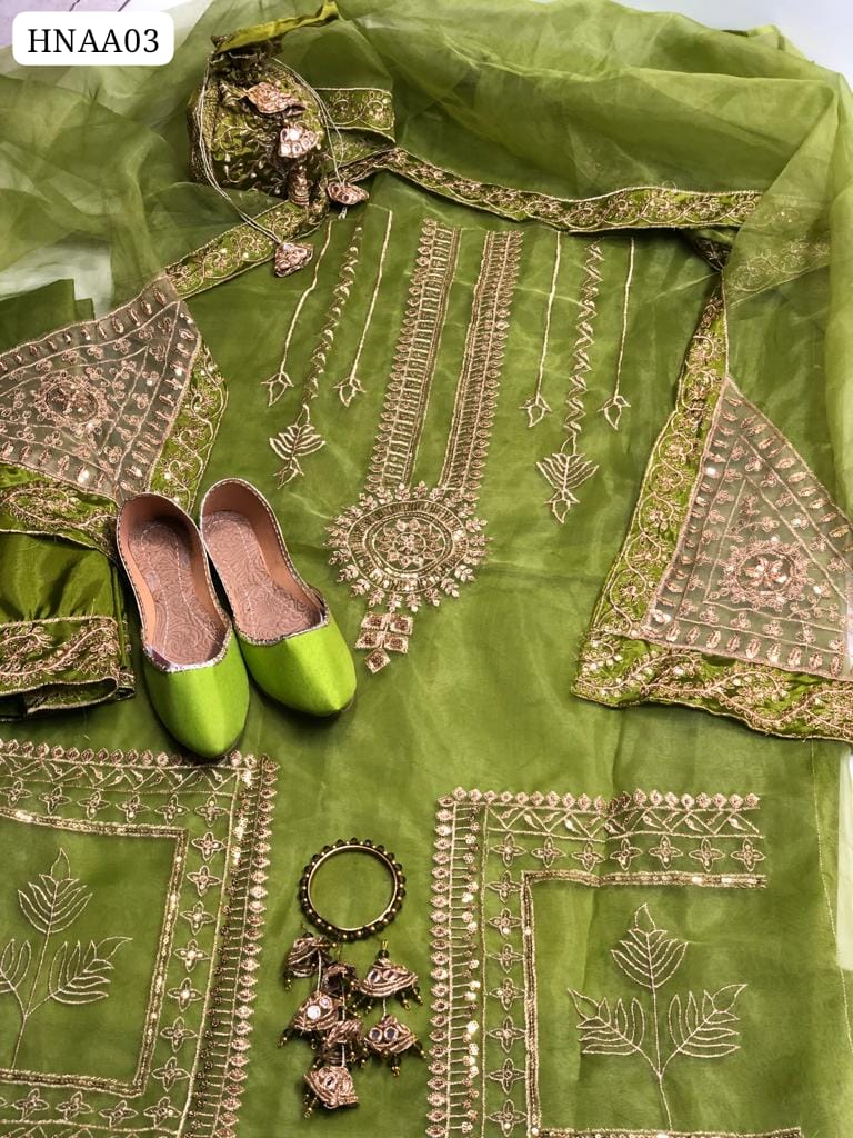 Organza Fabric Neck Embroidered+ Daman Embroidered Shirt With Kataan Silk Lace Border Trouser With Beautiful Embroidered Organza Duppata With Beautiful Khussa, Hanging Clutch Or Beautiful Bangle As Gifts