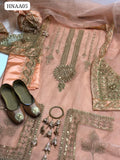 Organza Fabric Neck Embroidered+ Daman Embroidered Shirt With Kataan Silk Lace Border Trouser With Beautiful Embroidered Organza Duppata With Beautiful Khussa, Hanging Clutch Or Beautiful Bangle As Gifts
