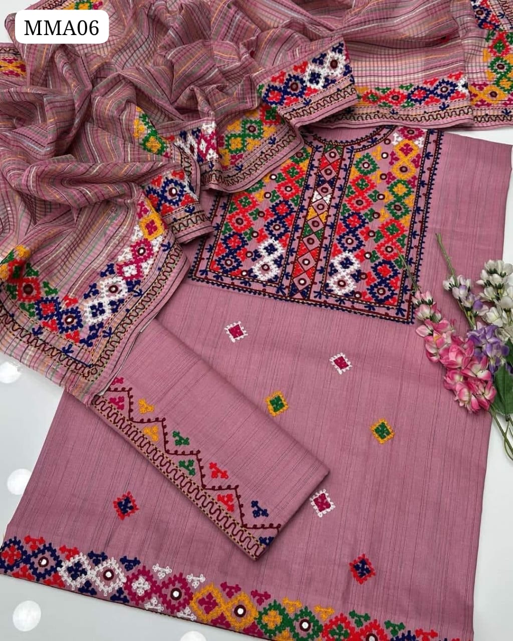 Khaadi Cotton Fabric Ari Sindhi Embroidered Shirt With Cotton Net 4 Side Embroidered Dupatta And Embroidered Trouser 3Pc Dress