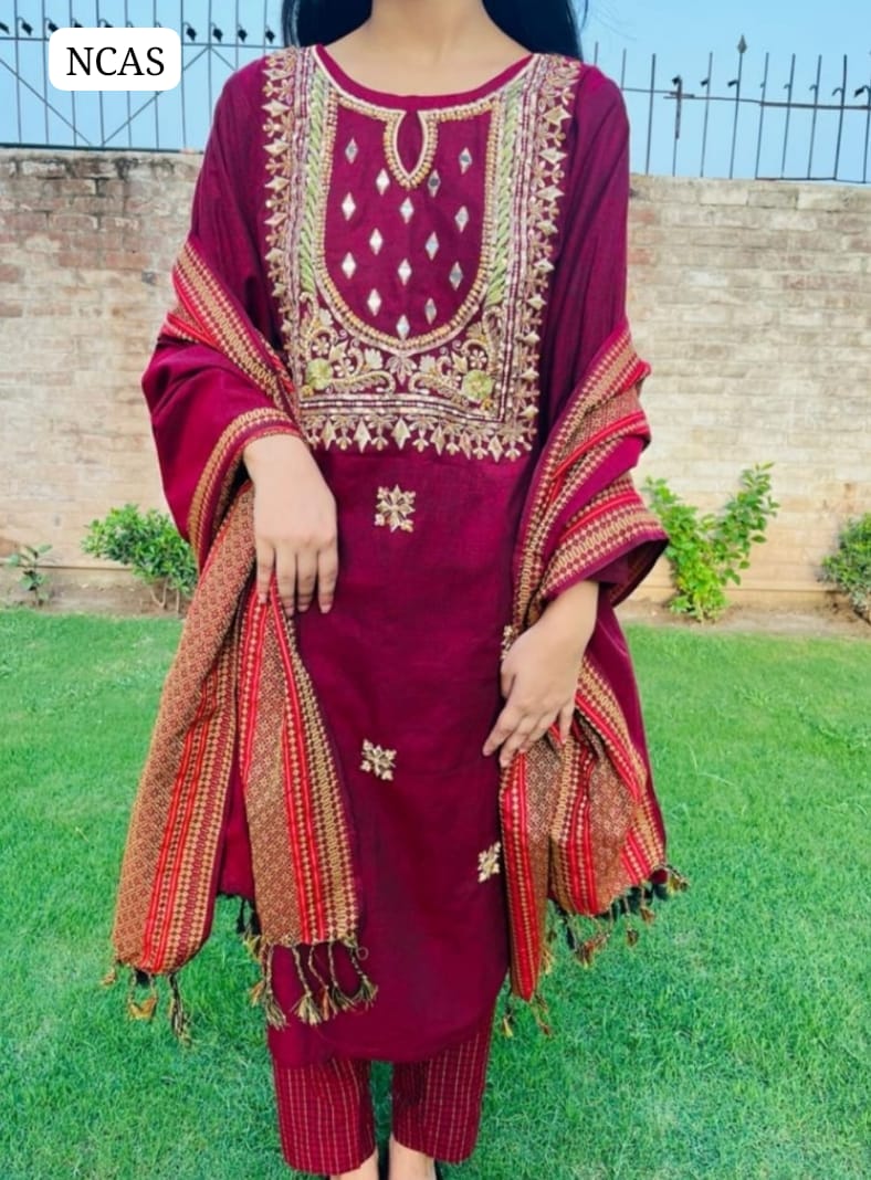 Sussi Khaddi Silk Hand Embroidery Zari beats & Meror Work Gala Shirt With Leining Trouser And Beautiful Shawl 3Pc Dress