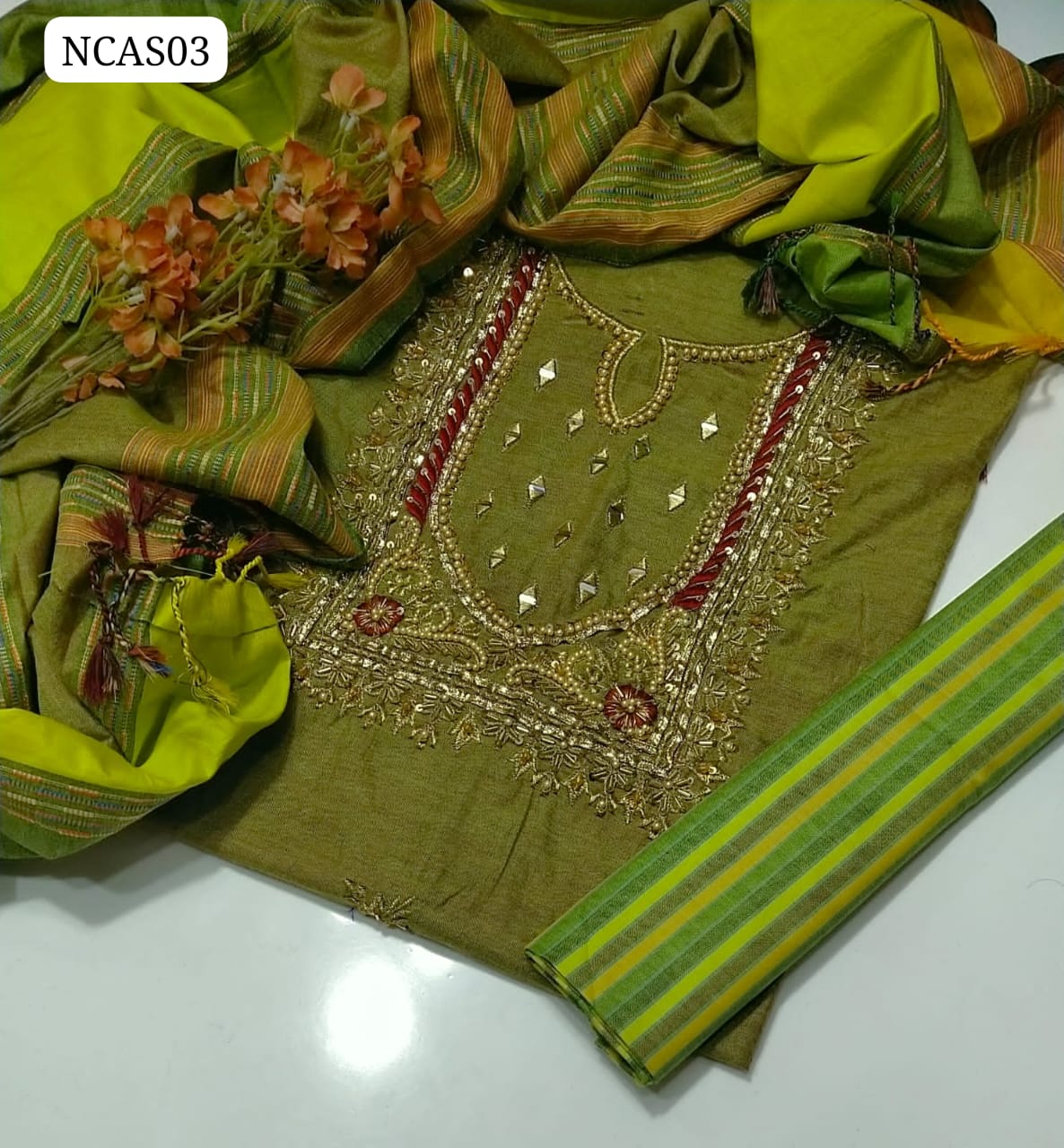 Sussi Khaddi Silk Hand Embroidery Zari beats & Meror Work Gala Shirt With Leining Trouser And Beautiful Shawl 3Pc Dress