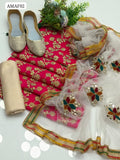Crinkle Chiffon Pearl Work Heavy Embriodery Work Shirt With Heavy Pure Net Multi Aari + Mirror Work Along with 4 Sided Multi Gotta Lase border Dupatta And Skin Masori Trouser 3Pc Dress With Khussa Gift