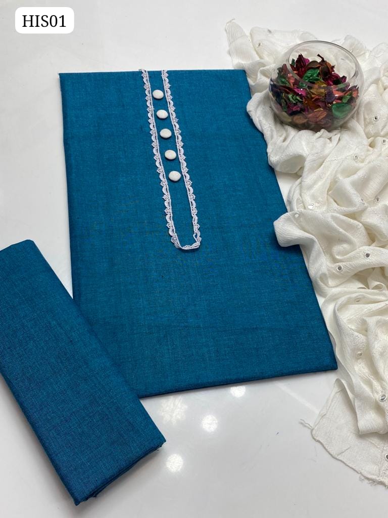 Cotton Khaddar Fabric Shirt With Krinkle Chiffon 9Mm Work Dupatta And Cotton Khaddar Trouser 3Pc Dress With 5 Button Or Only Neck Line K Liye Lace Gift
