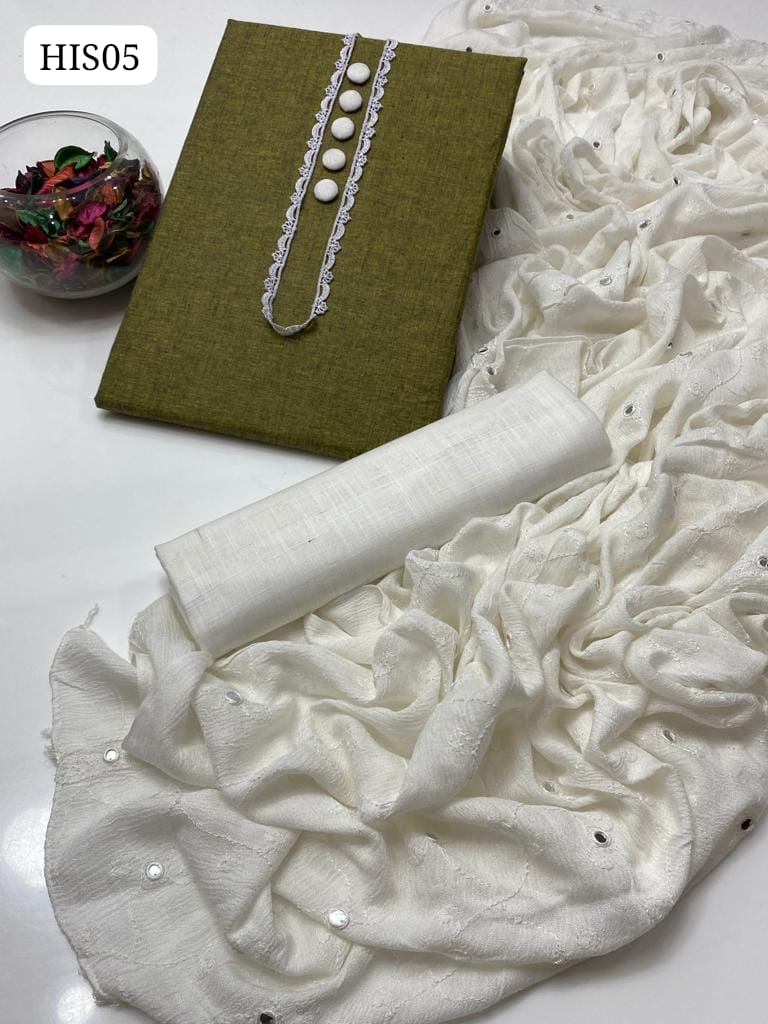 Cotton Khaddar Fabric Shirt With Krinkle Chiffon 9Mm Work Dupatta And Cotton Khaddar Trouser 3Pc Dress With 5 Button Or Only Neck Line K Liye Lace Gift