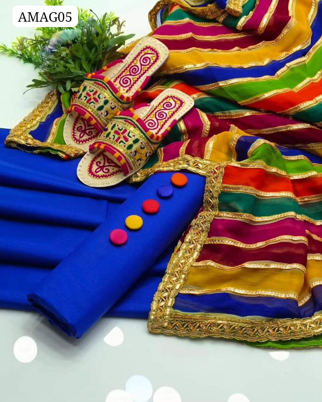 Kataan Silk Fabric Plain Shirt With Beautiful HEAVY Chiffon Jorjet Multi Linings With Gotta Lining Touch Across 4 Sided Border Duppata And Kataan Silk Plain Trouser 3Pc Dress With 5 Button & Handmade Chapal Gift