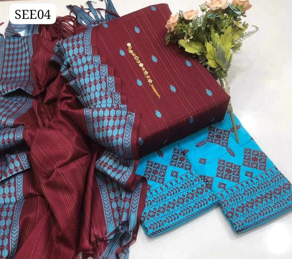 Staple Laboosi Jacquard Bindi Work Shirt With Laboosi Jacquard Dupatta And Embroidery Plazo Trouser 3Pc Dress