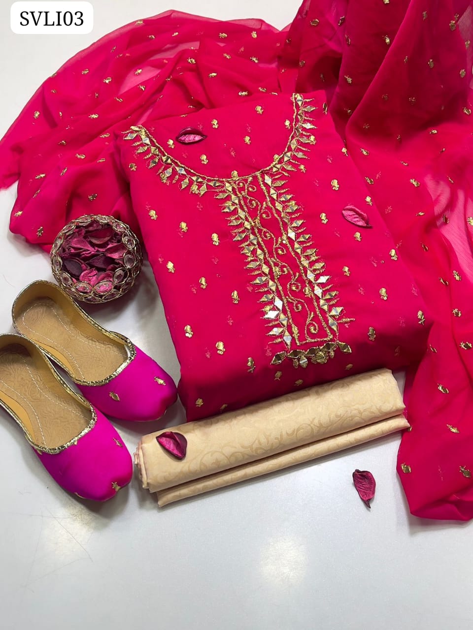 Crinkle Chiffon Fabric Sequin Booti Work Shirt & Handmade Mirror Work Gala With Crinkle Chiffon Same Sequin Booti Work Dupatta And Self Embossed Masuri Trouser 3Pc Dress With Khussa As A Gift