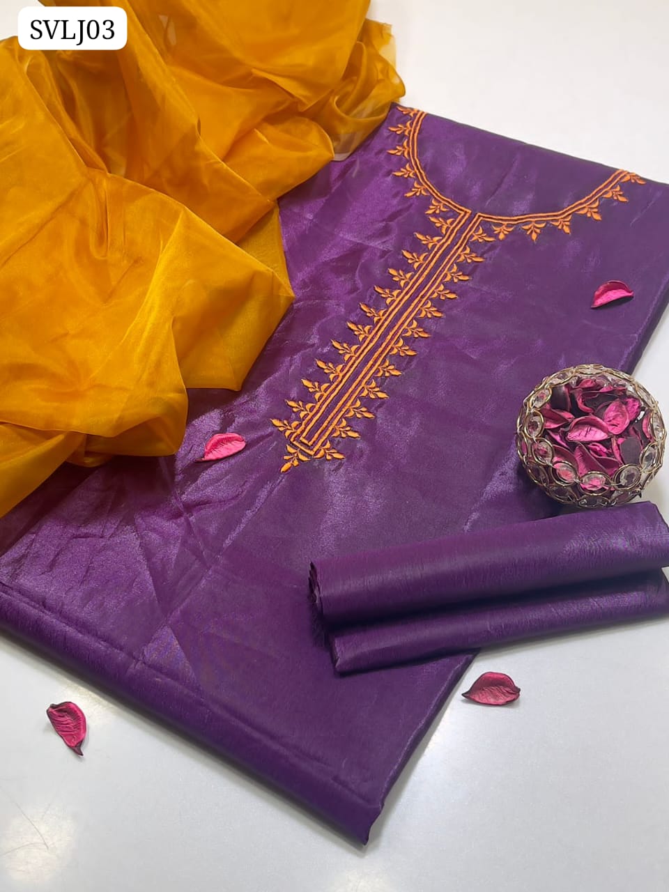 Kataan Silk Fabric Resham thread Neck And Sleeves Embroidery Work Shirt With Premium Quality Organza Dupatta And Kataan Silk Plain Trouser 3Pc Dress