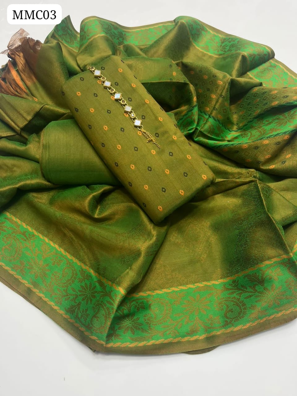 Stapple Sussi Fabric Bindi Style Shirt With Jacquard Style Dupatta And Stapple Sussi Plain Trouser 3Pc Dress