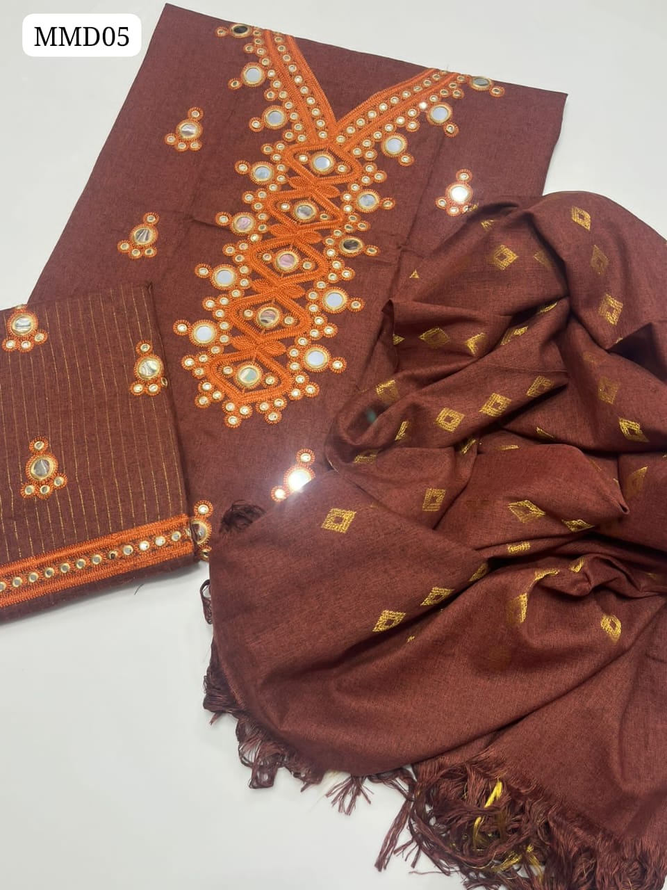 khadi Karandi Fabric Balochi Mirror Work Embroidered Shirt With Zarri Banarsi Work Dupatta And Embroidered Trouser 3Pc Dress