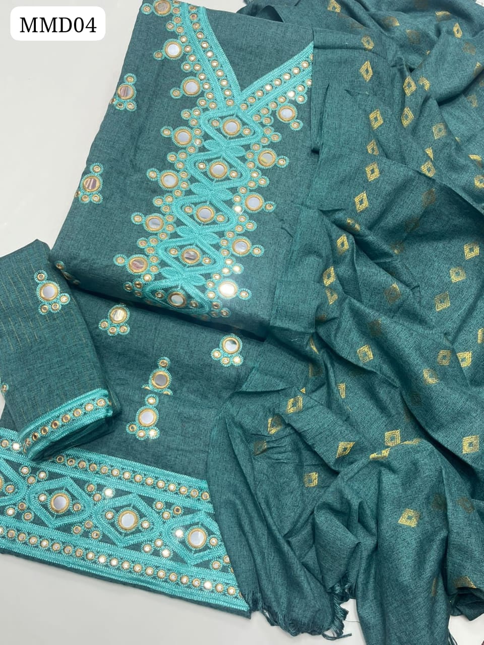 khadi Karandi Fabric Balochi Mirror Work Embroidered Shirt With Zarri Banarsi Work Dupatta And Embroidered Trouser 3Pc Dress