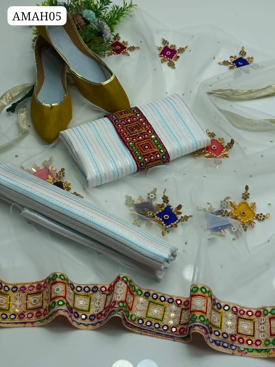 Kataan Silk Fabric Banarsi Jamawar Multi Self Designing Shirt And Same Trouser With Net Handmade Multi Applick Duppata With 2 Sided Piping & PALU Multi Lase Borders 3Pc Dress With Embroided Neckline Patti