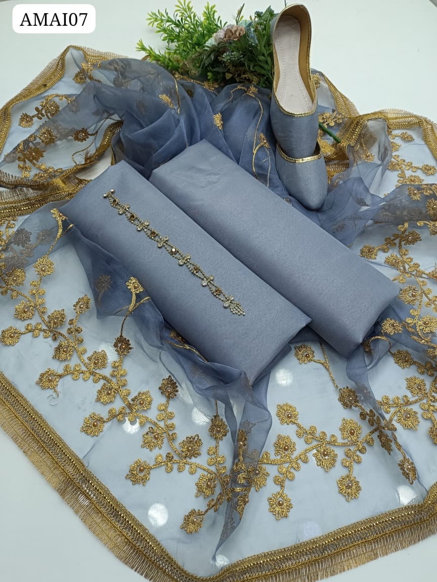 Kataan Silk Fabric Plain Shirt With Matching Organza Embroided + Pearl Work Heavy Border With 4 Sided Lase Dupatta And Kataan Silk Trouser Plain 3Pc Dress With Neckline & Khussa As a Gift
