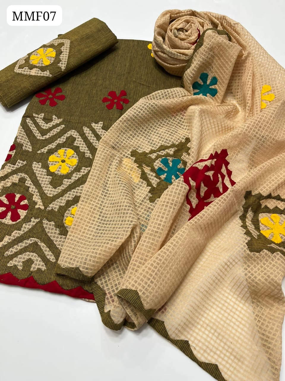 Khaadi Cotton Fabric Handmade Applique Work Shirt With Cotton Net Applique Work Embroidered Dupatta And Applique Embroidered Trouser 3Pc Dress