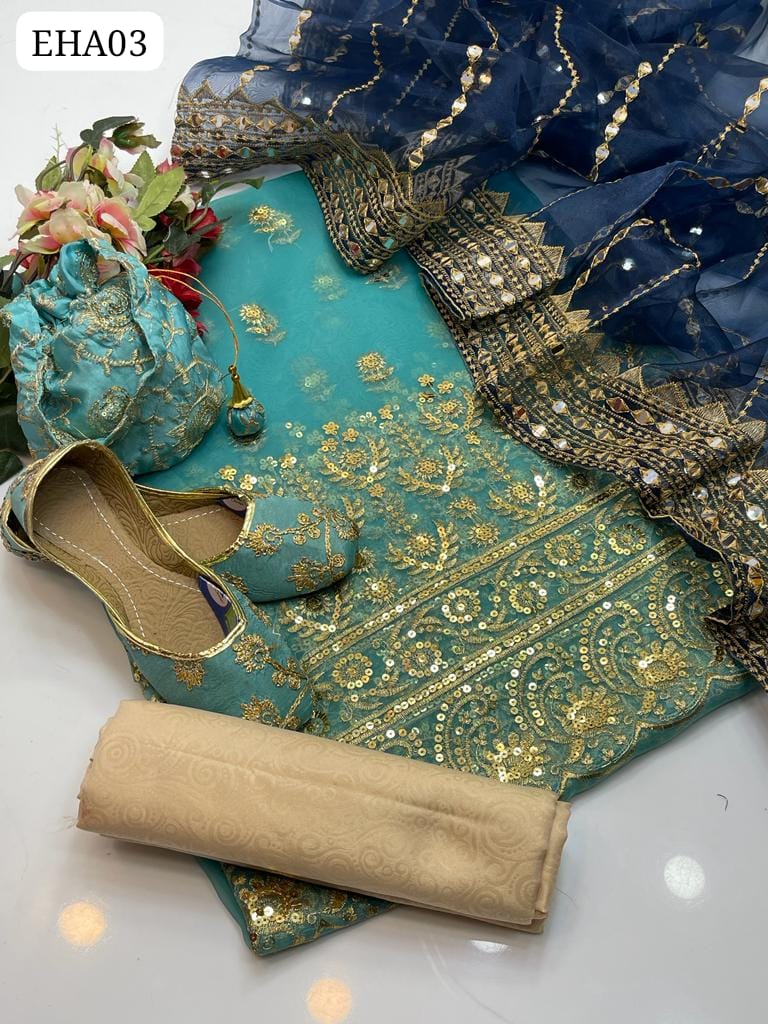 Soft Organza Front Daman Work Shirt With Tissue Paani Shesha Work Duppata And Masoori Trouser 3Pc Dress With Beautiful Embroidered Khussa & Beautiful Bag As A Gift