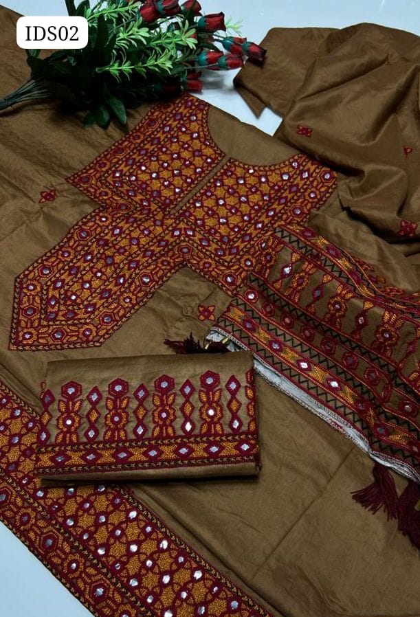 Linen Fabric Ari Sindhi Work Shirt With Linen Pallu Embroidered Dupatta And Linen Embroidered Trouser 3Pc Dress