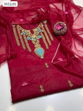 Organza Fabric Beautiful Tilla And Resham Gala Double Shaded Resham, Handmade Moti And Sitara Work Shirt With Embroidery on Sleeves & Daman And Organza Kundan Chatta Dupatta 2Pc Dress
