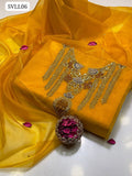 Organza Fabric Beautiful Tilla And Resham Gala Double Shaded Resham, Handmade Moti And Sitara Work Shirt With Embroidery on Sleeves & Daman And Organza Kundan Chatta Dupatta 2Pc Dress