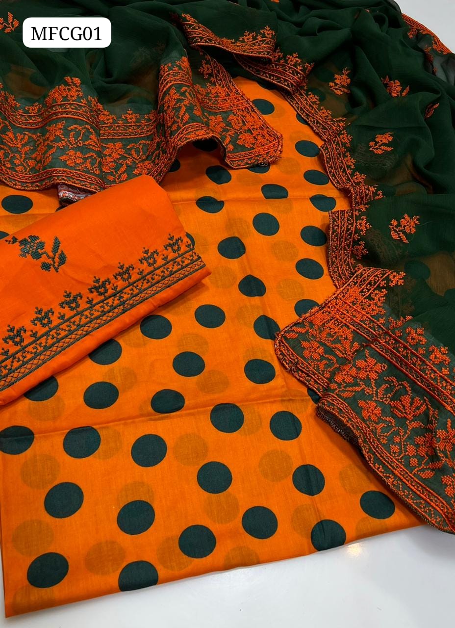 Lawn Fabric Print Shirt With Krincle Chiffon 2 Side Karhai Work Dupatta And Lawn Karhai Trouser 3Pc Dress