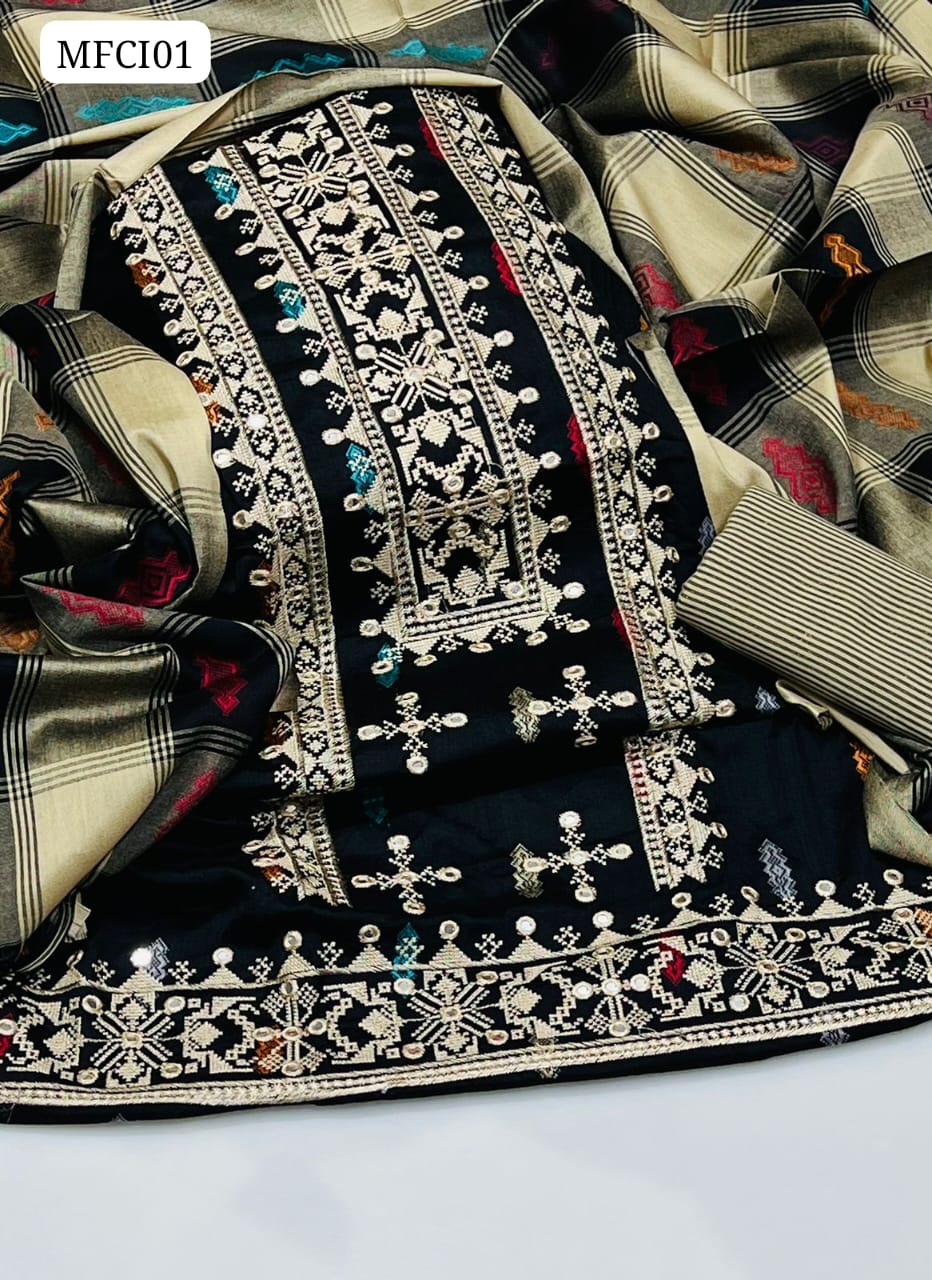 Shamray Sussi Fabric Karahi Cross Stitch 9 Mm Work Shirt With Jacquard Shawl And Lineing Trouser 3pc Dress