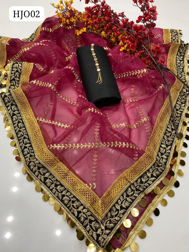 Kataan Silk Fabric Plain Shirt With Along Indian Orgnza Boder Dupatta And Kataan Silk Trouser With Neck Line And With Out Shose